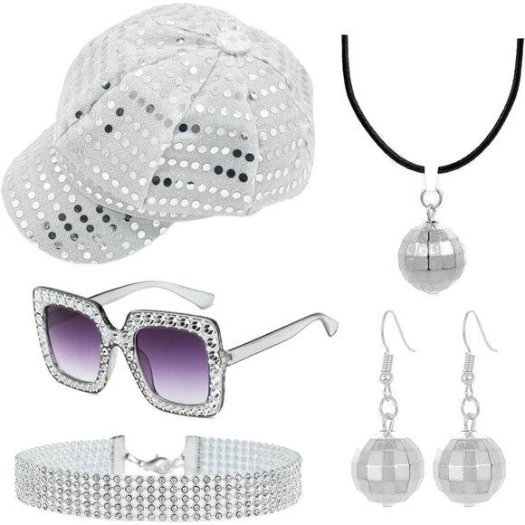 70s Disco Costume Accessories Set Hat Earrings Necklace Sunglasses Women\'s main image 4